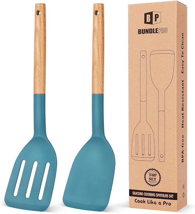 BUNDLEPRO Silicone Spatula, Solid & Slotted Turner, BPA-Free, 2 Pack, Black