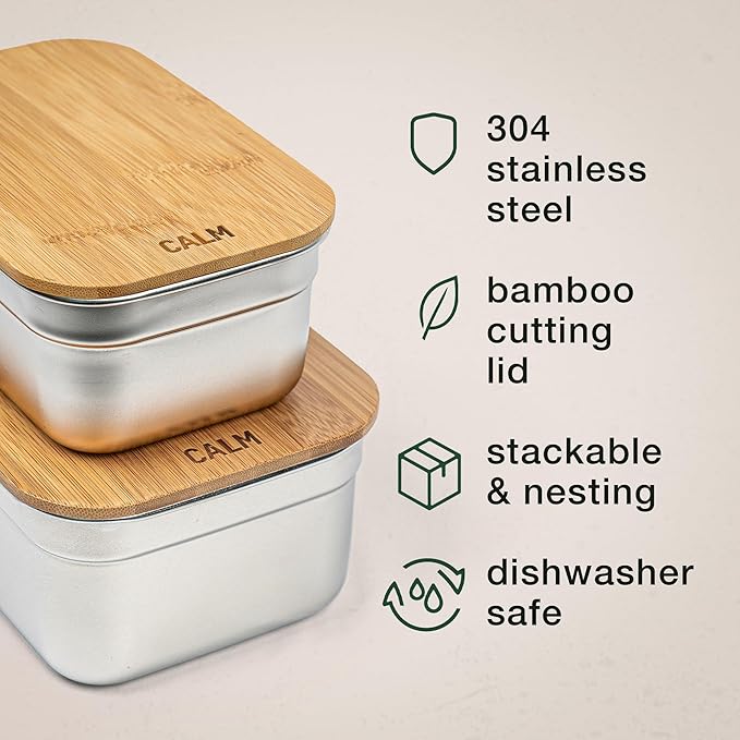 Calm Organics Stainless Steel Food Containers with Bamboo Cutting Board Lids | Set of 3 Reusable Meal Prep Boxes | Airtight Leak-Resistant | Dishwasher Safe | BPA-Free | 2, 4, 6 Cup Sizes