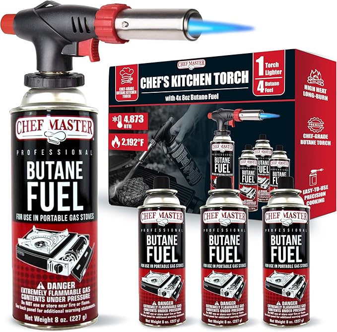 Chef Master Butane Torch Lighter + 4x 8 oz Fuel, Creme Brulee & Soldering