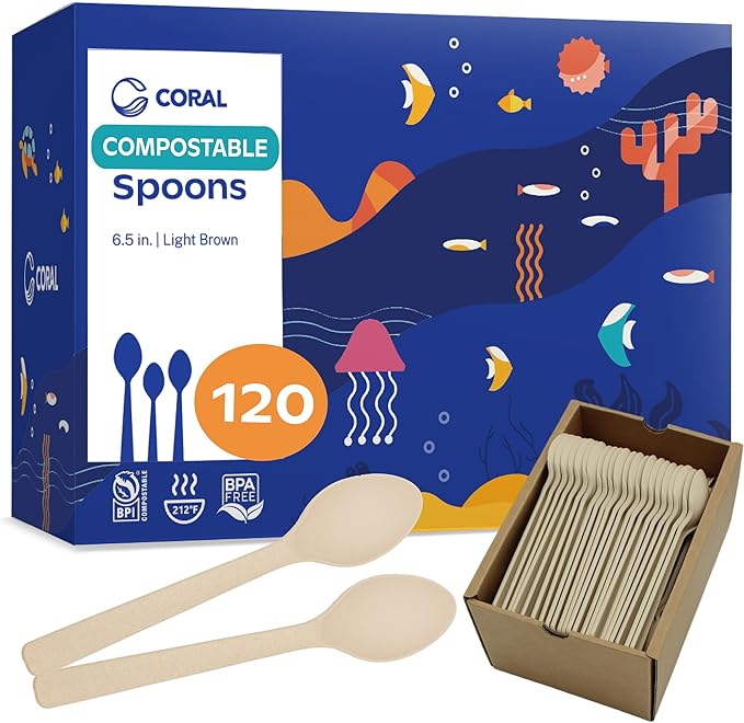 CORAL Light Brown Compostable Sturdy Disposable Spoons, 6.5-Inch, 120 Count