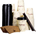 cuphug 12oz Disposable Coffee Cups with Lids, Kraft Sleeves & Straws, 100 Pack Black Paper Hot Drink Cups
