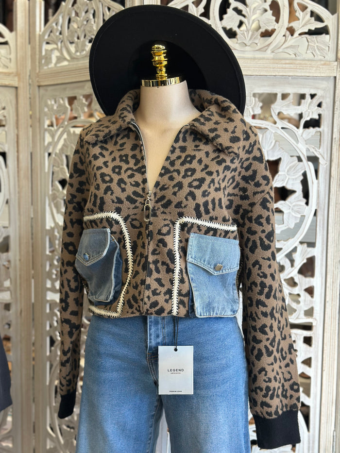 Denim Patchwork Leopard Print Jacket