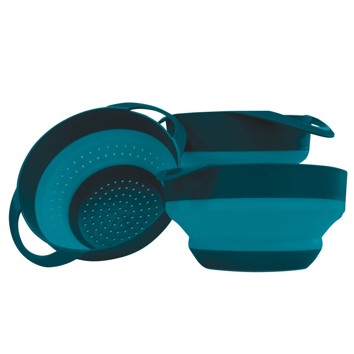 The image shows the Adventure Ready Flat Pack Bowls and Strainer Set. On the left is the strainer and the right are the 2 bowls.