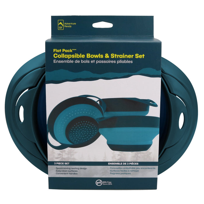 The Adventure Ready Flat Pack Collapsible Bowls and Strainer in packaging on a white background. The packaging shows the brand logo, the product name, the 1 strainer and 2 bowls, plus a call out for the 3 piece set and BPA Free.