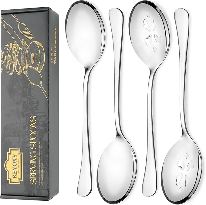 Keyoxy 10-Inch 4 Piece Serving Spoon Set - 2 Large, 2 Slotted,Gold