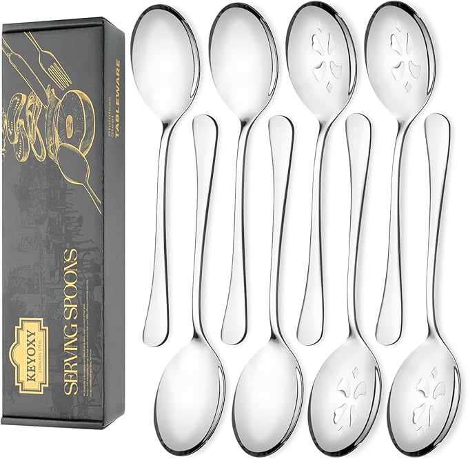 Keyoxy 10-Inch 8 Piece Serving Spoon Set - 4 Large, 4 Slotted