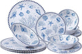 LEHAHA 12-Piece Melamine Beach Dinnerware Set, Coastal Plates and Bowls Sets, Oceanic Sea Life Dish Sets for 4, Great for Indoor Outdoor Dining on the Beach, RV, Camping or Cabin