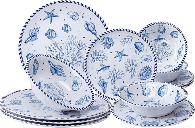 LEHAHA 12-Piece Melamine Beach Dinnerware Set, Coastal Plates and Bowls Sets, Oceanic Sea Life Dish Sets for 4, Great for Indoor Outdoor Dining on the Beach, RV, Camping or Cabin