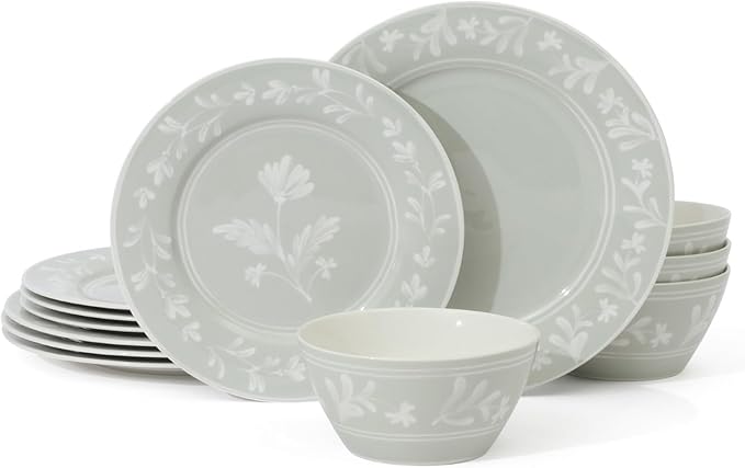 Martha Stewart Peony 12 Piece Porcelain Floral Chip and Scratch Resistant Dinnerware Set