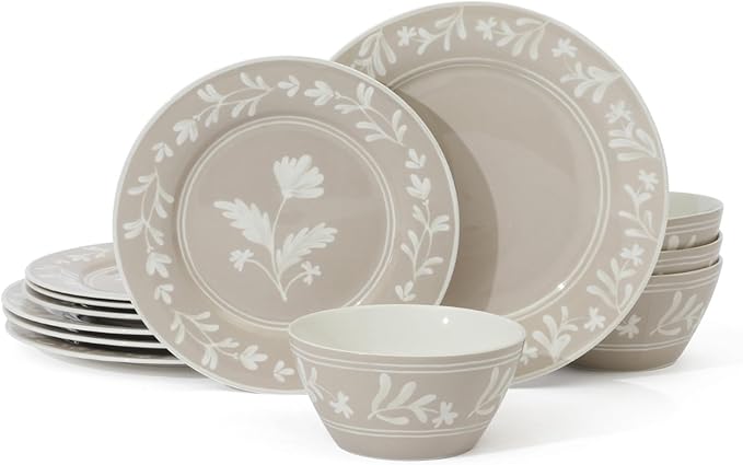 Martha Stewart Peony 12 Piece Porcelain Floral Chip and Scratch Resistant Dinnerware Set