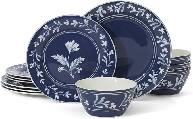 Martha Stewart Peony 12 Piece Porcelain Floral Chip and Scratch Resistant Dinnerware Set