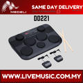 Black portable electronic drum pad with seven pads, control panel, and drumsticks