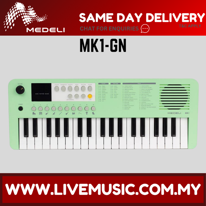 Green 37-key keyboard with black-and-white keys, control panel, and speaker grille
