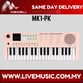 Pink 37-key electronic keyboard front view with control knobs and buttons