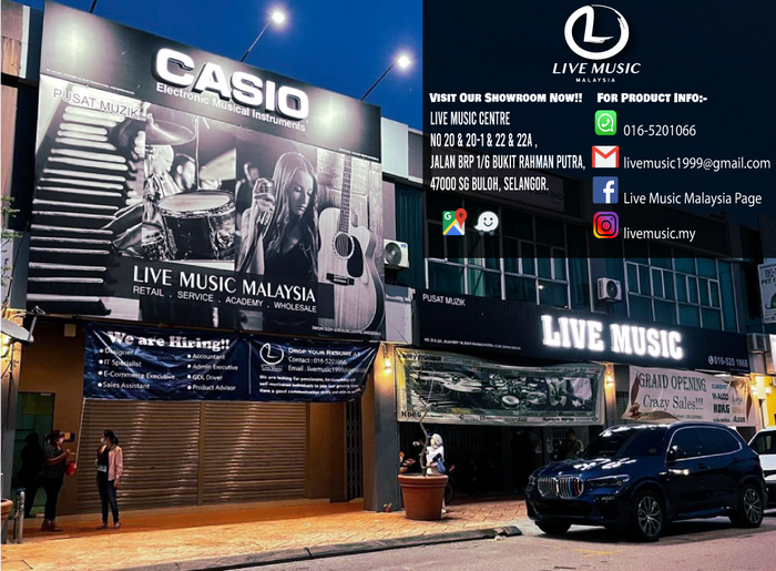 Live Music Malaysia storefront banner featuring Mooer 015 Brown Sound preamp