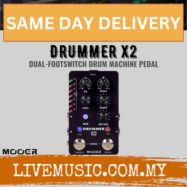Mooer Drummer X2 dual footswitch drum machine pedal with control knobs and switches