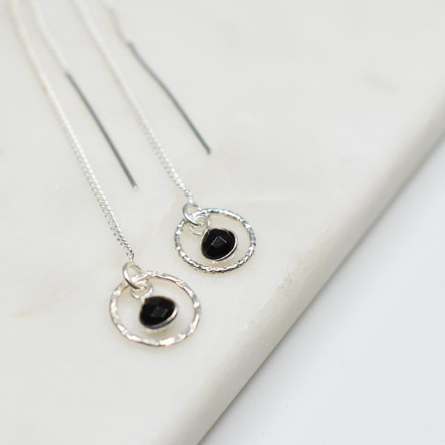 Onyx Circle Silver Threader Earrings