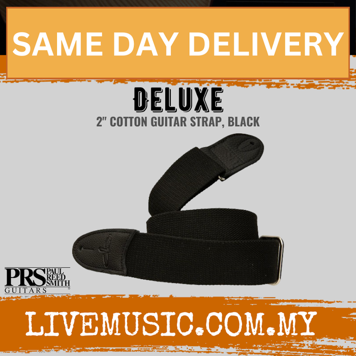 Black 2-inch cotton guitar strap with adjustable end and PRS-style logo label