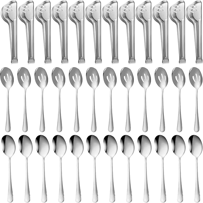 Sabary 36 Pcs Serving Utensils Set, 12 Spoons 12 Slotted 12 Tongs,Silver