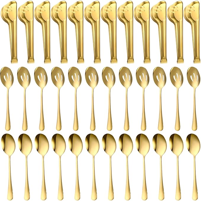 Sabary 36 Pcs Serving Utensils Set, 12 Spoons 12 Slotted 12 Tongs,Silver