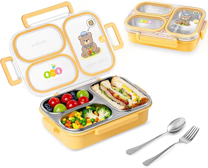 SAYAPE Stainless Steel Bento Lunch Box for Kids, 26.4 oz Leak-Proof 3-Compartment Metal Bento Box, BPA-Free, Cute Cartoon Meal Prep Snack Container with Utensils for School, Office, Travel - Yellow