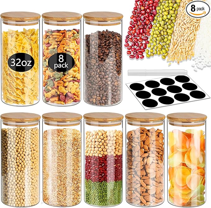 SLifeJars - Glass Jars with Bamboo Lids 16 oz, 12pcs Glass Food Storage Jars with Rewritable Labels, Bamboo Lid Jar for Kitchen Storage, Food Storage Containers with Lids for Herbs
