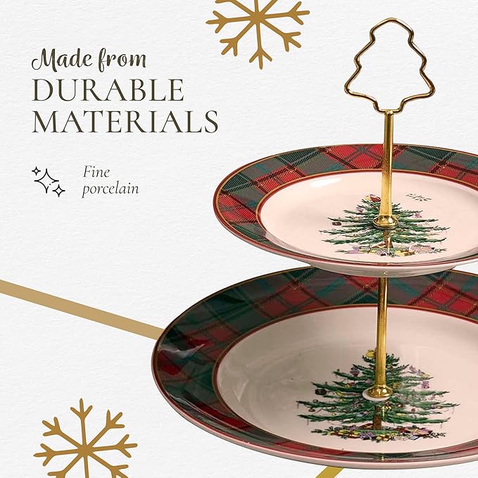 Spode Christmas Tree 2-Tiered Dessert Server Set - Tartan Plaid