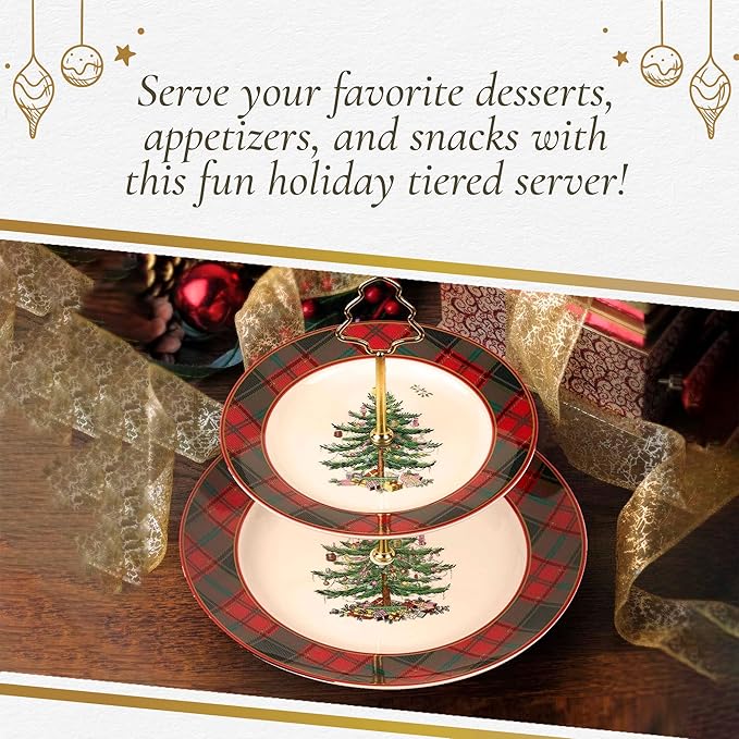 Spode Christmas Tree 2-Tiered Dessert Server Set - Tartan Plaid