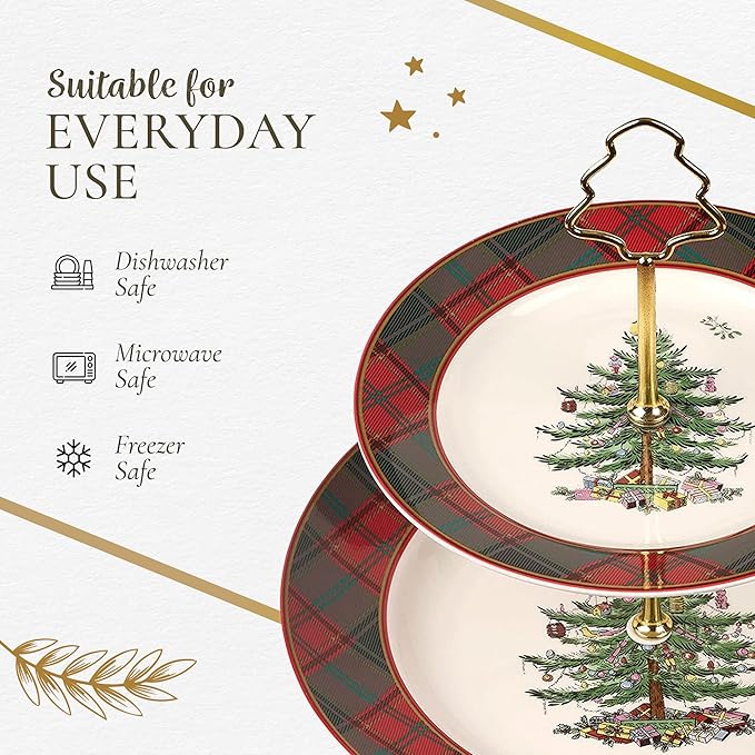 Spode Christmas Tree 2-Tiered Dessert Server Set - Tartan Plaid