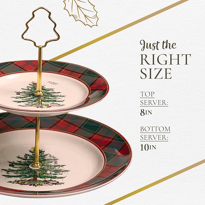 Spode Christmas Tree 2-Tiered Dessert Server Set - Tartan Plaid