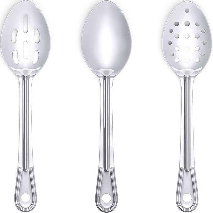 Super Strong, Ergonomic 11 in Serving Spoon 3 Pk. Big, Slotted Stainless Steel Spoons for Cooking, Baking and Basting. Best Kitchen Flatware for Buffet and Banquet Service in Restaurants and Homes