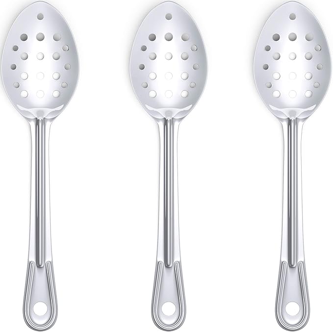 Super Strong, Ergonomic 11 in Serving Spoon 3 Pk. Big, Slotted Stainless Steel Spoons for Cooking, Baking and Basting. Best Kitchen Flatware for Buffet and Banquet Service in Restaurants and Homes
