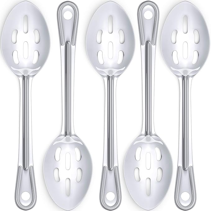 Super Strong, Ergonomic 11 in Serving Spoon 3 Pk. Big, Slotted Stainless Steel Spoons for Cooking, Baking and Basting. Best Kitchen Flatware for Buffet and Banquet Service in Restaurants and Homes