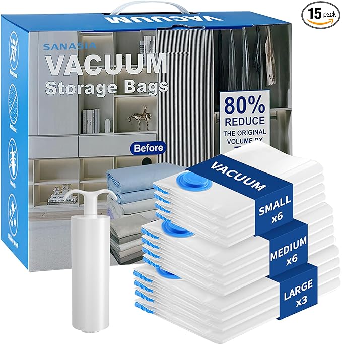 Vacuum Seal Bags for Clothing Travel, Large Space Saver Storage Bags (15 Pack) - Thickened Waterproof Compression Packing Cubes for Luggage, Mattress & Blanket Storage, Hand Pump Included