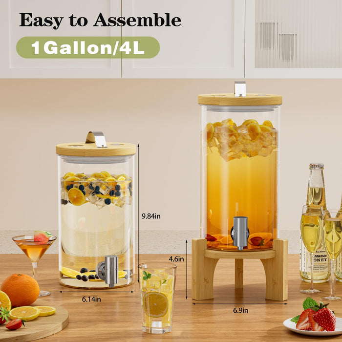 VOVUVK 1 Gallon Glass Drink Dispenser For Parties, Beverage Dispenser With Bamboo Wood Stand And Stainless Steel Spigot, Countertop Water Dispenser, Lemonade Dispenser For Wedding, Picnic (2PACK)