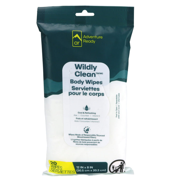 The Adventure Ready Wildy Clean Body Wipes in package on a white background. The packaging explains the ale, cucumber, and vitamin E for cool & refreshing. The wipes are made of responsibly sourced wood-based fibers. There are 20 wipes in the package. Each wipe is 12in x 8in. The packaging also includes French translations.